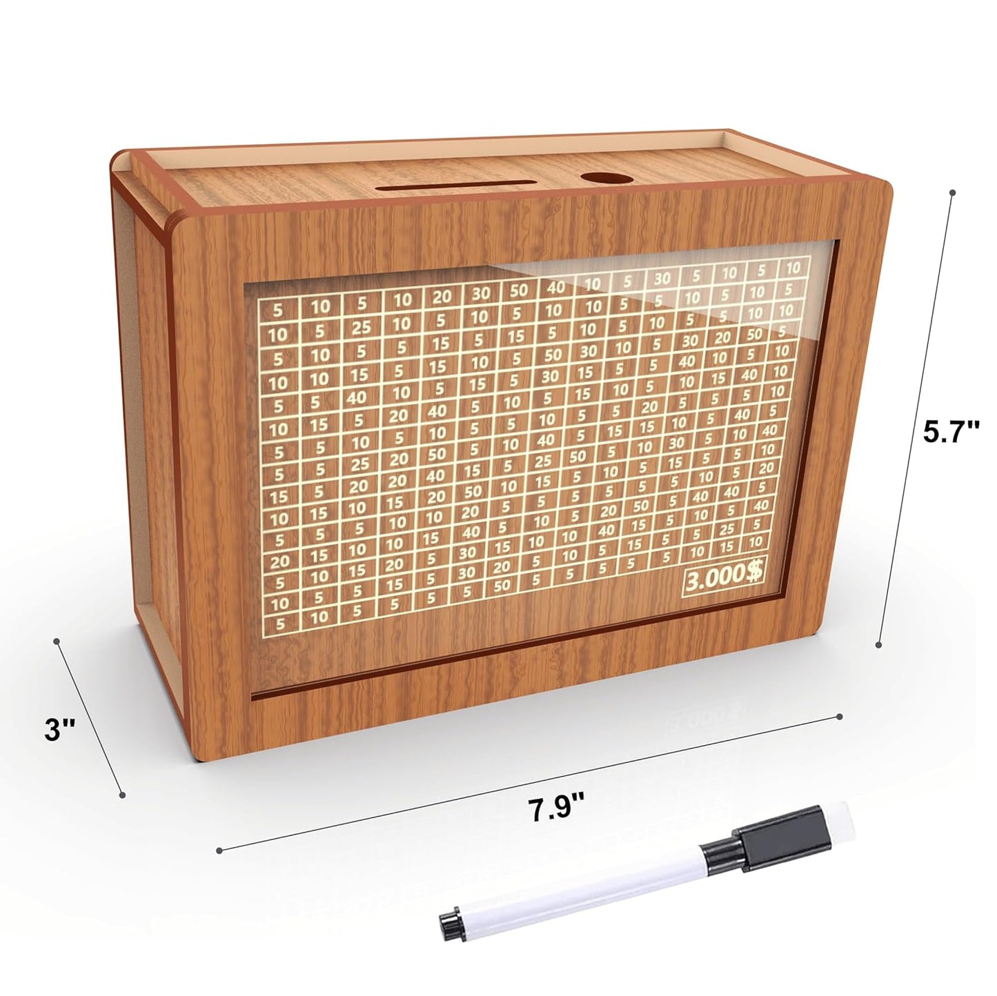 "Wooden Piggy Bank with Savings Goals "