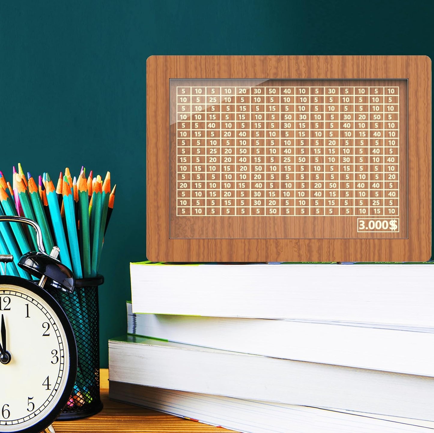 "Wooden Piggy Bank with Savings Goals "