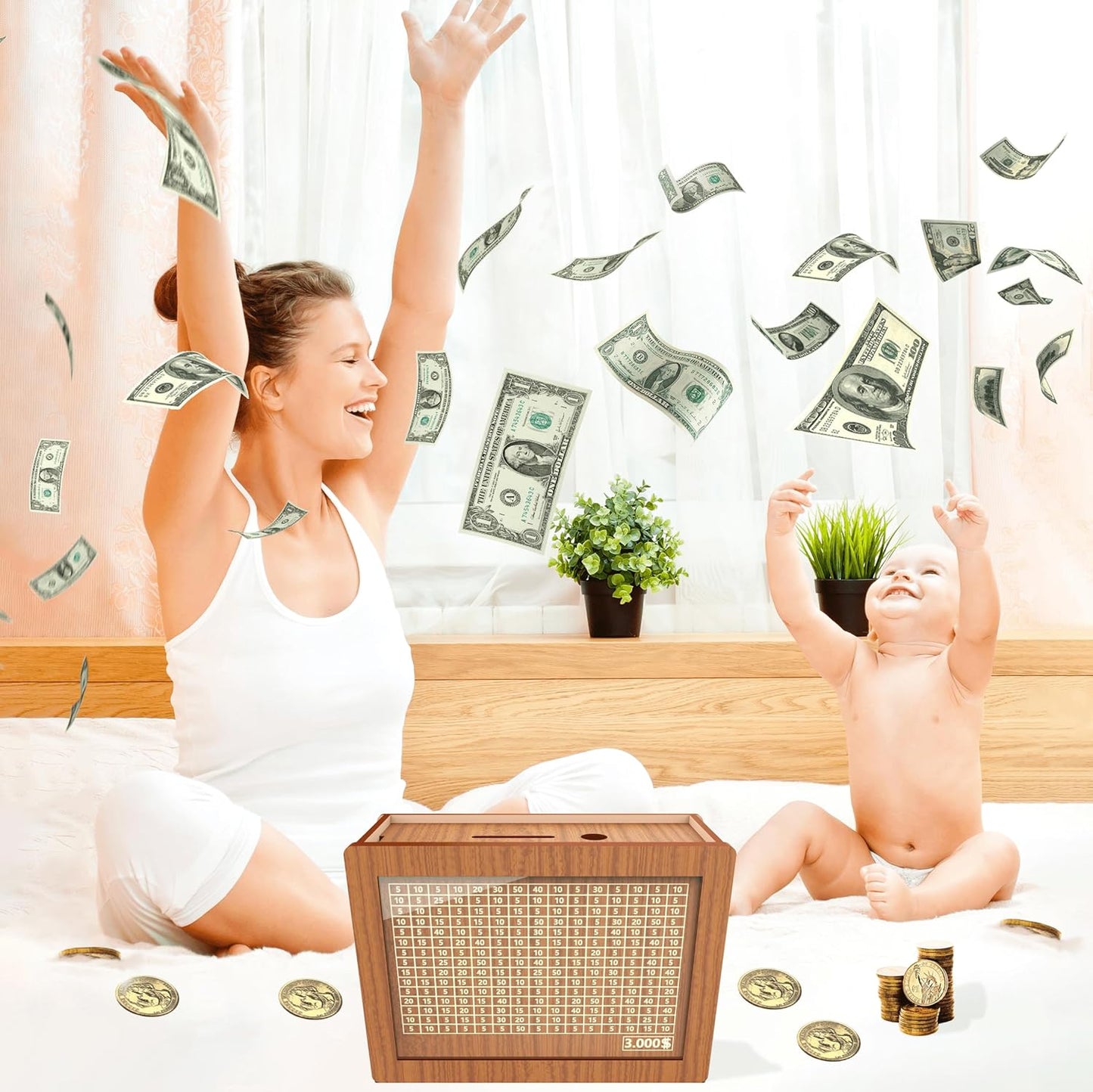 "Wooden Piggy Bank with Savings Goals "