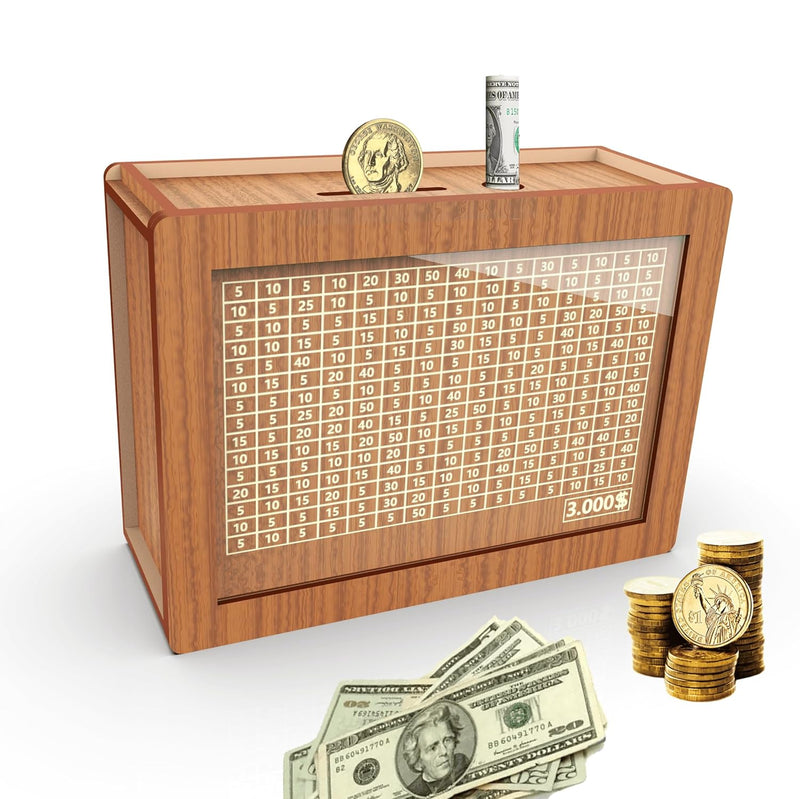 "Wooden Piggy Bank with Savings Goals "