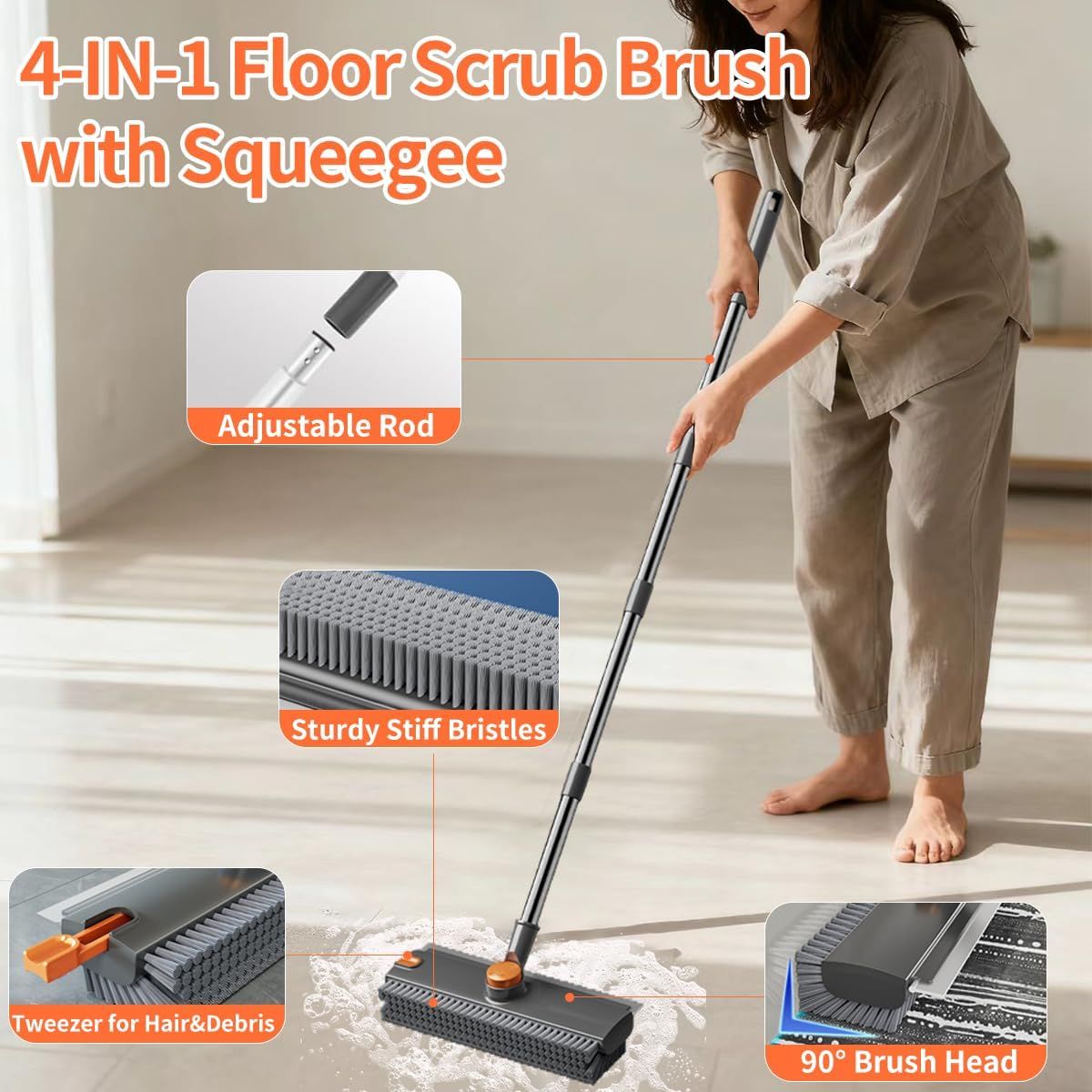 3-in-1 Floor Scrub Brush with Long Handle